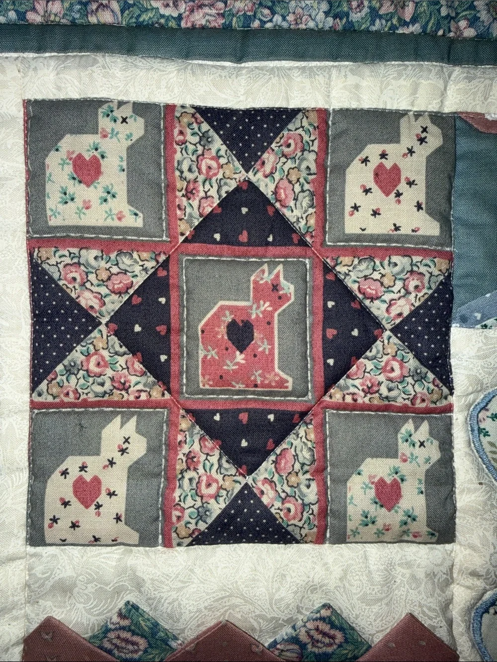 Vintage Handmade Floral Patchwork Quilt Wallhanging in Blue, Pink and Cream